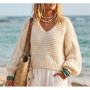 Chicwish Womens Oversized Chunky Knit V-Neck Sweater Cream Ivory Size L